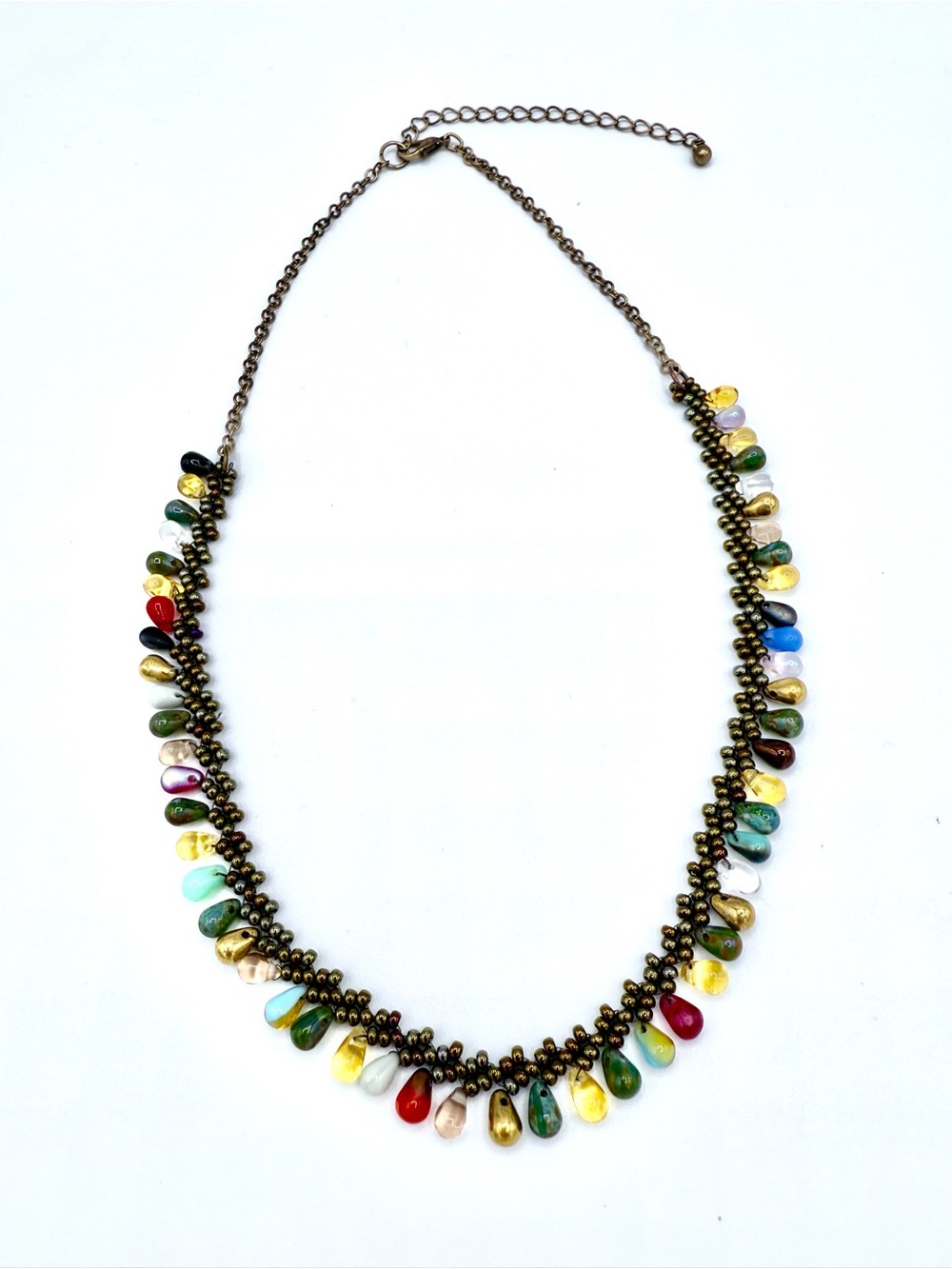 Multicolor Teardrop Bead Necklace with Antique Brass Chain